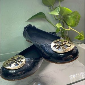Navy Tory Burch Gold Double Emblem Flats